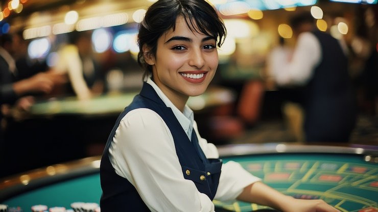 Live casino table view with dealer and seat positions